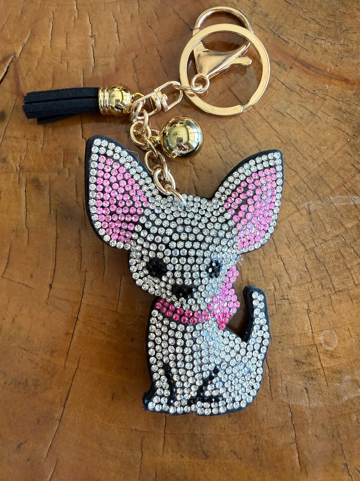 White and Pink Chihuahua Rhinestone Bag Charm Keychain