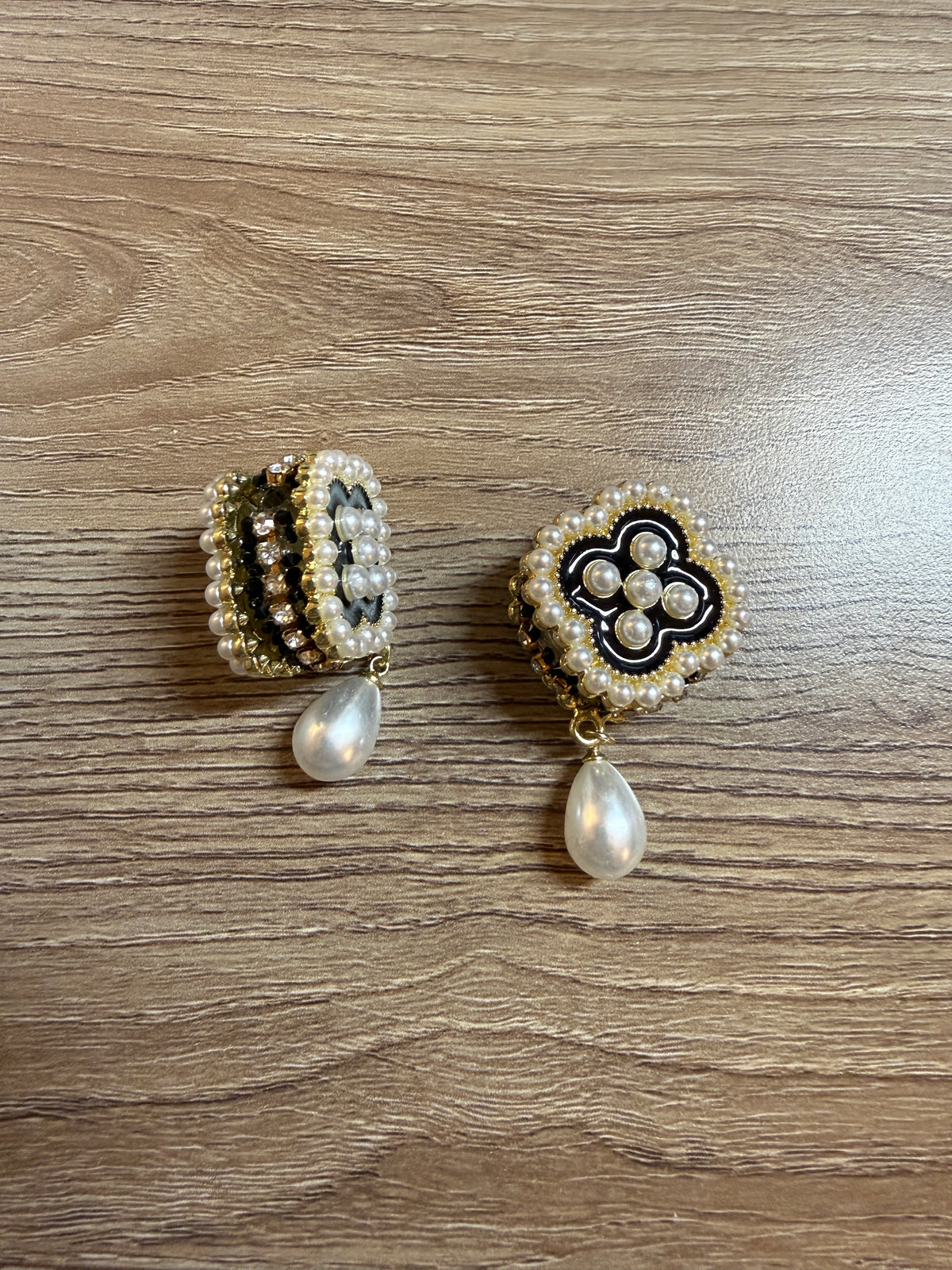 Designer-Style Black Enamel Clover Focal Bead with Pearl & Rhinestone Trim