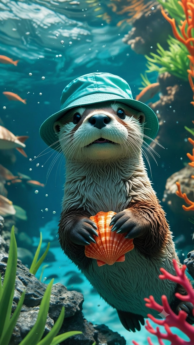 A cute cartoon otter underwater wearing a teal-green bucket hat and holding an orange seashell, surrounded by blue water, coral, rocks, and fish.