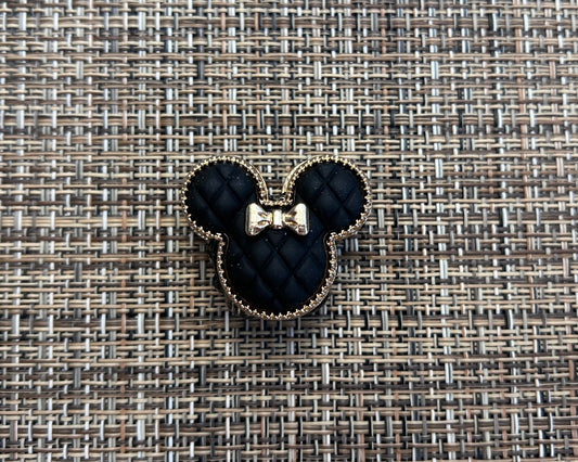 Quilted Luxe Black Mouse Ear Focal Bead with Gold Bow & Beaded Rim