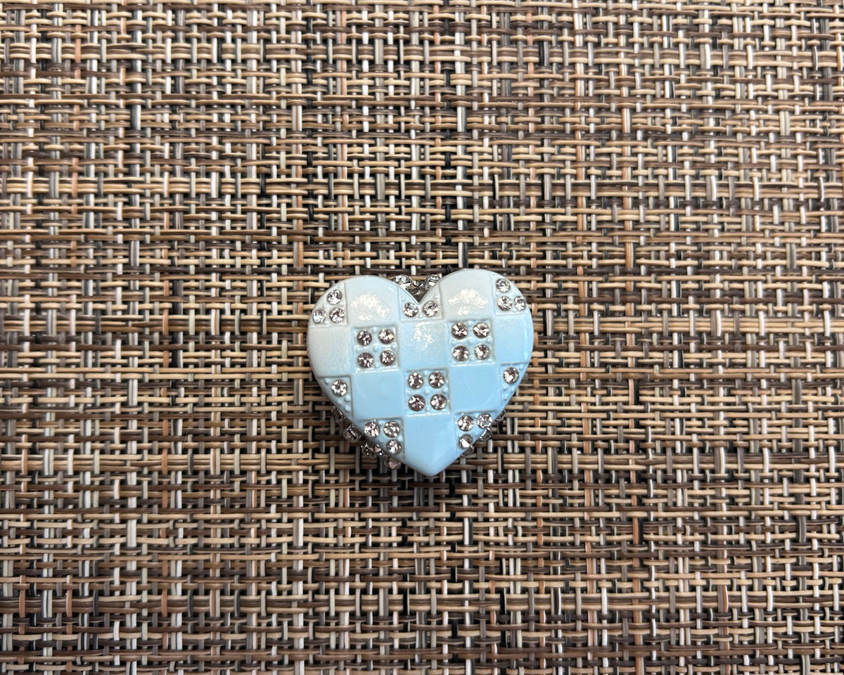 Light Blue Checkered Heart Focal Bead with Rhinestone Inlays