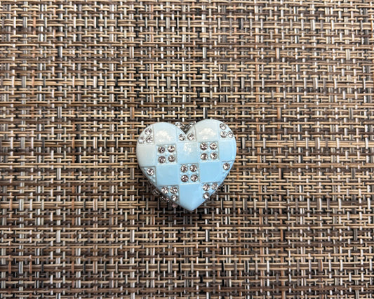Light Blue Checkered Heart Focal Bead with Rhinestone Inlays