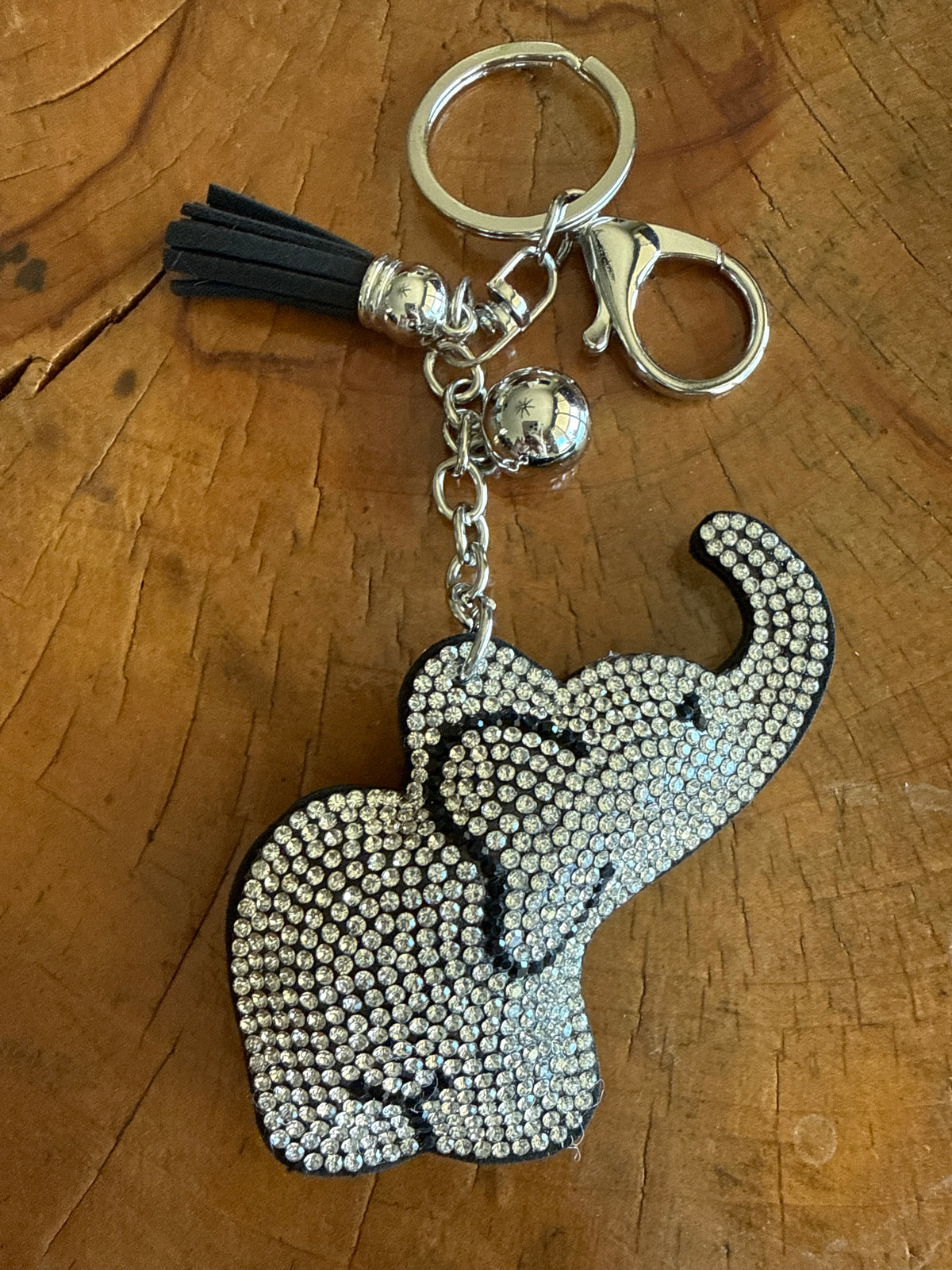 Silver Elephant on Black Rhinestone Bag Charm Keychain
