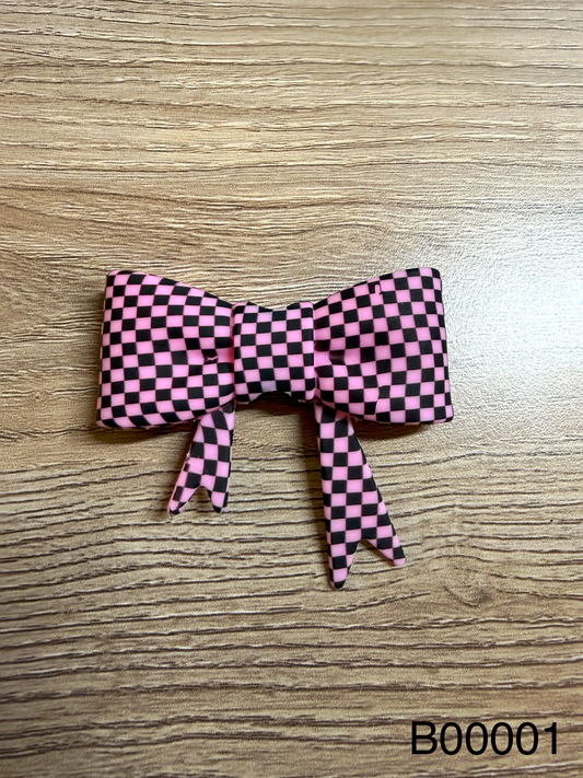 Pink & Black Checkered Bow Silicone Focal Bead