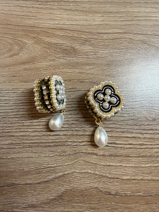 Designer-Style Black Enamel Clover Focal Bead with Pearl & Rhinestone Trim