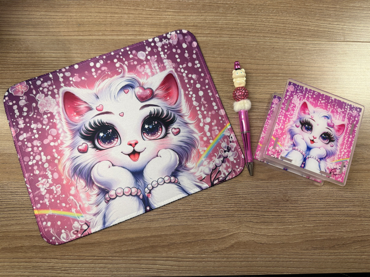 Pink White Cat Desk Set